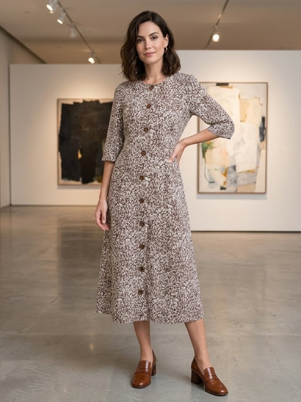 Leopard Print Button Down Midi Shirt Dress Brown Tan S